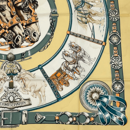 Hermes Carre 90 Chevaux DE Trait Cart Horse Scarf Silk Yellow