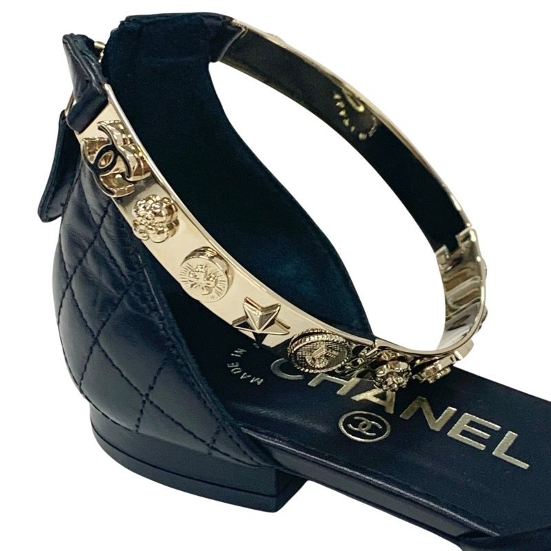 Chanel Sandals Shoes Leather Black Gold Coco Mark Icon Metal Strap Matelasse