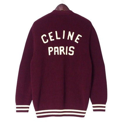 Celine Cardigan Size S (165 84A) Knit College Cardigan Logo Patch Cotton Wine