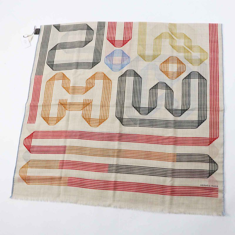 Hermes Les Rubans D'Hermes Ribbon 100% Cashmere Stole Beige Multi With Box