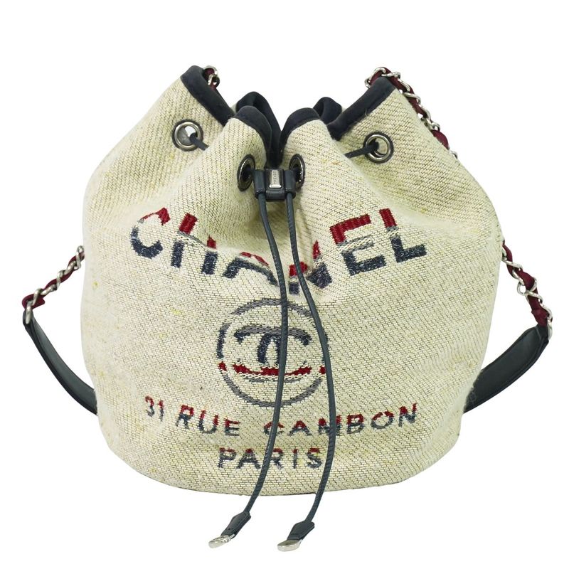 Authentic Chanel Deauville Coco Mark Chain Drawstring Shoulder Bag Pochette