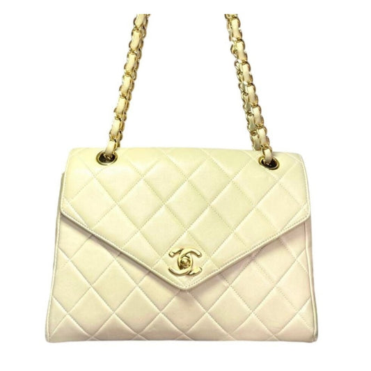 CHANEL Vintage Envelope Single Flap Bag Lambskin Chain Purse Beige