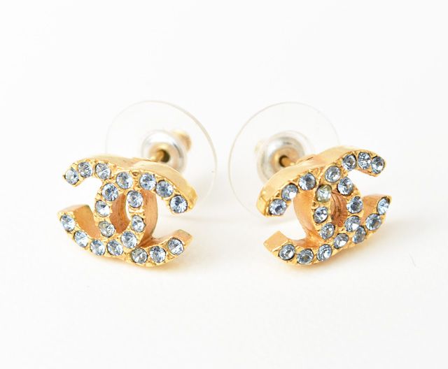 Chanel Earrings CC Rhinestones Light Blue Gold