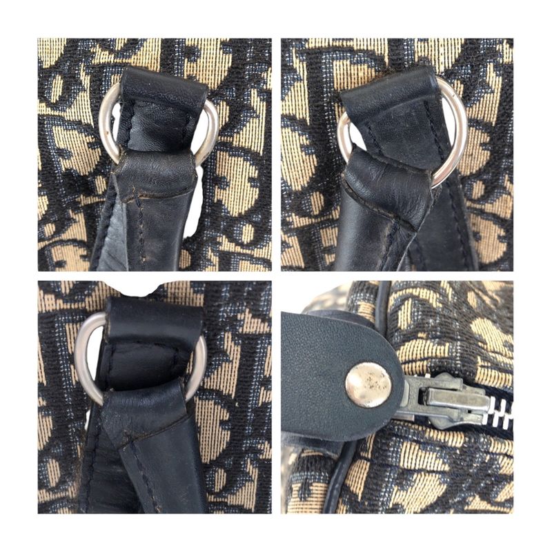 DIOR Vintage Trotter Navy Beige Silver Hardware Canvas/leather Handbag Boston