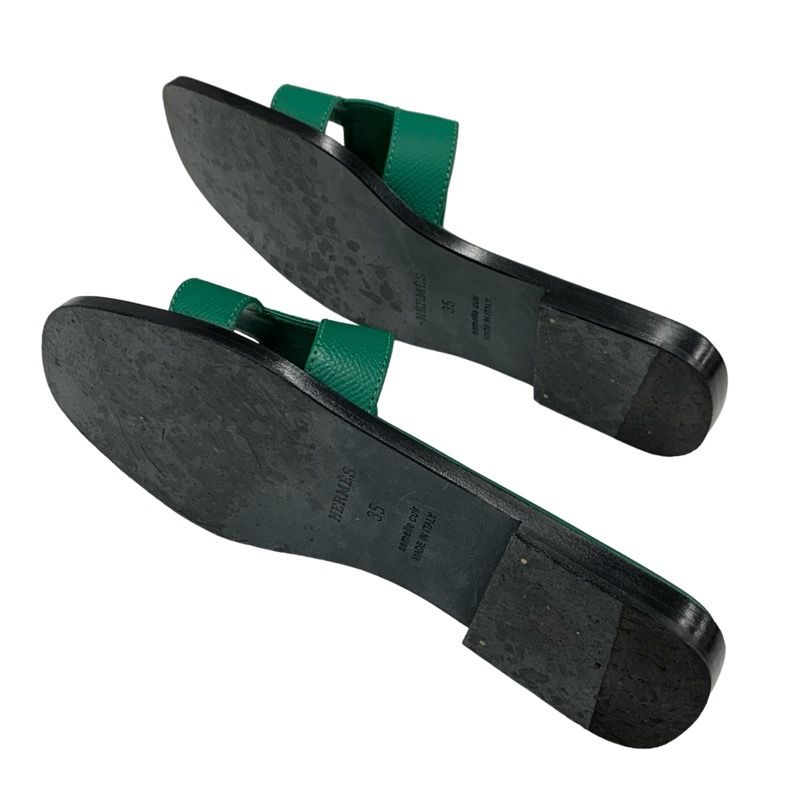 Hermes Oran Sandals Shoes Leather Green Flat Sandals Mules