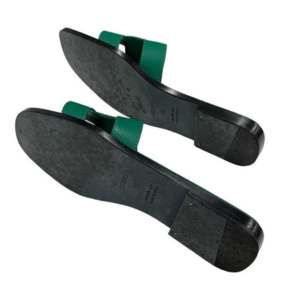 Hermes Oran Sandals Shoes Leather Green Flat Sandals Mules