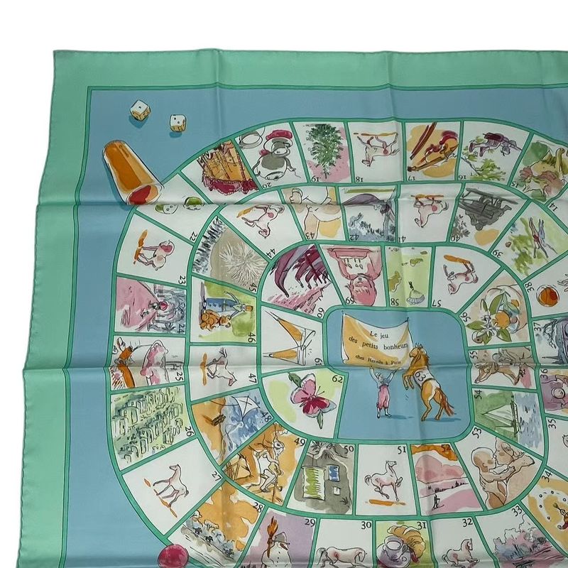 Hermes Carre 90 Le Jeu Des Petits Bonheurs Small Happy Game Scarf Silk Green