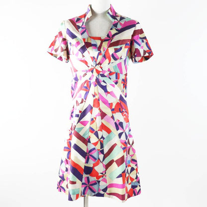 CHANEL P53088 16C 100% Silk Coco Mark Pattern Short Sleeve Dress Pink Blue Red