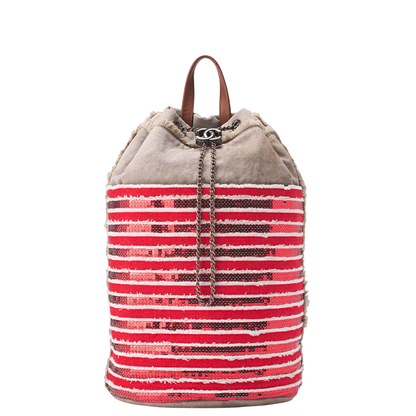Chanel Sequined Drawstring Backpack With Striped Coco Charm Red (silver