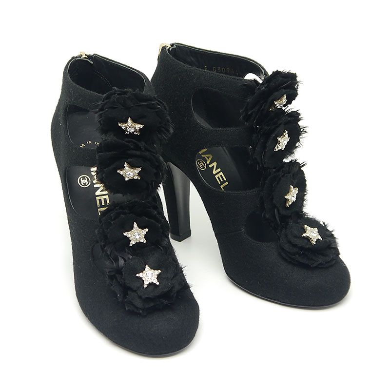 Unused｜chanel Open Short Boots Women's 36c(about 22cm (8.66in)) Black Rhinestone