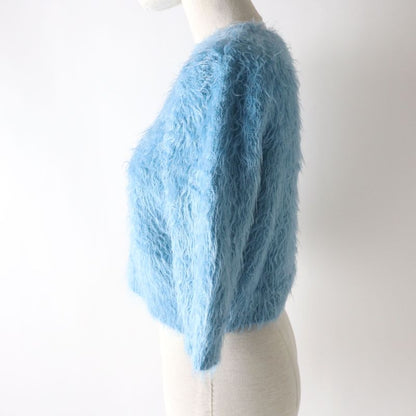 Gucci 695655 GG Embroidery Cubic Sleeve Cropped Knit Pullover Blue XS Made In