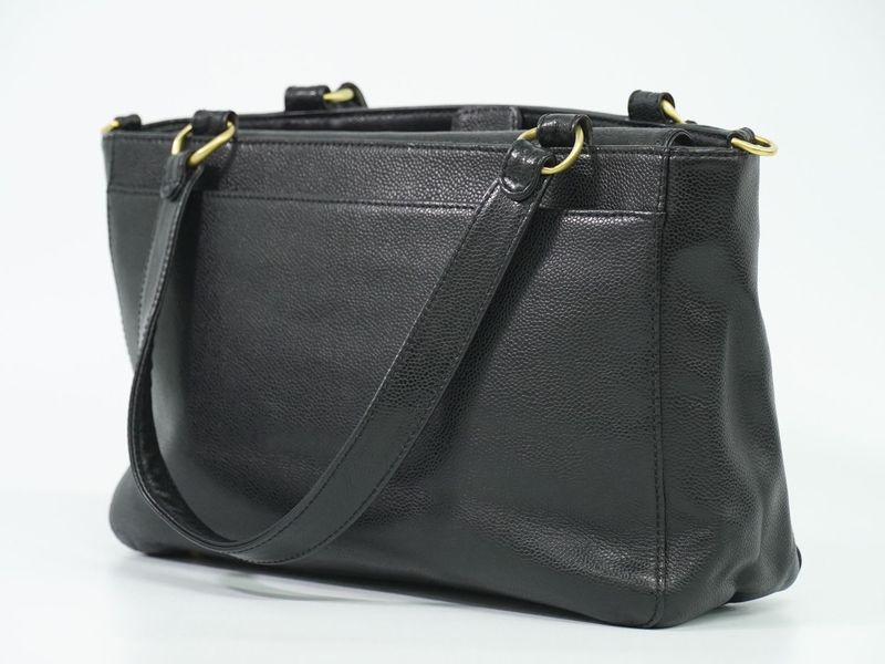 Authentic Chanel Coco Mark Shoulder Bag Tote Bag Caviar Skin Leather Black Coco