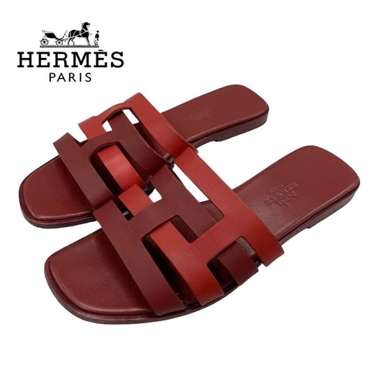 Hermes Amica Sandals Shoes Leather Wine Red Flat Sandals Mules