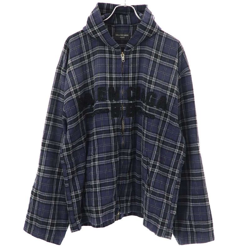 Balenciaga 24aw Front Logo Flannel Check Zip Up Hoodie 824581 Trm21 Navy 1