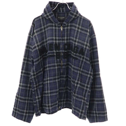 Balenciaga 24aw Front Logo Flannel Check Zip Up Hoodie 824581 Trm21 Navy 1
