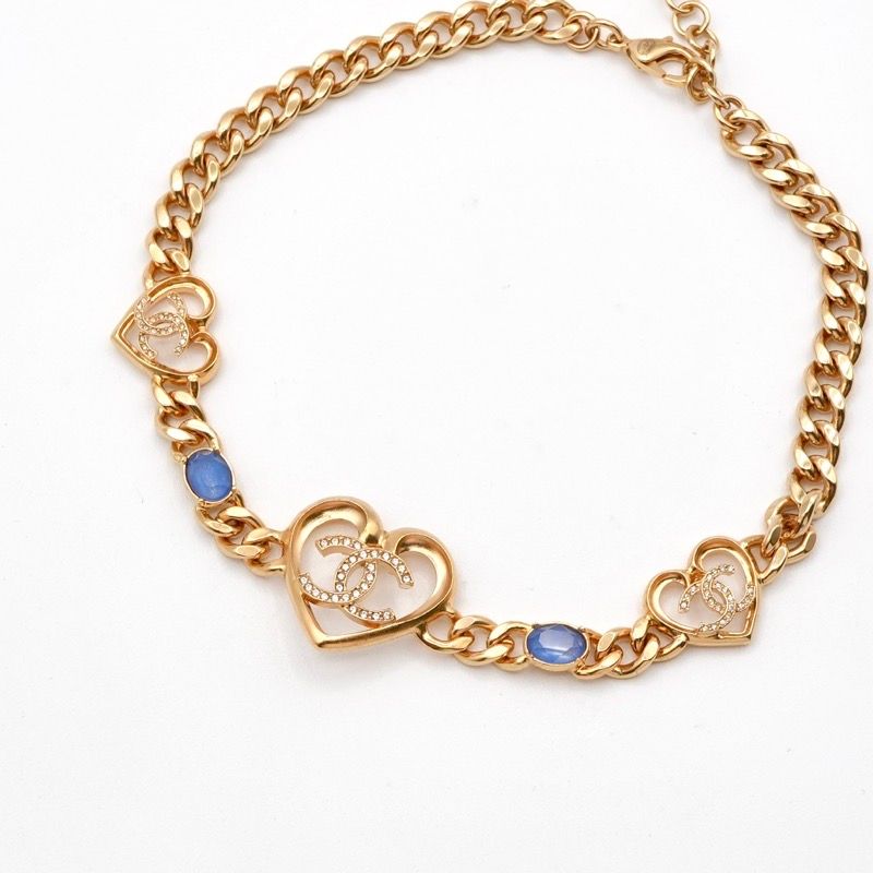 Chanel Necklace Pendant Choker Gold Blue Coco Mark Heart Rhinestone Chain