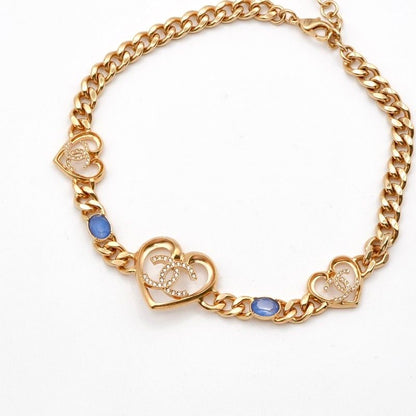Chanel Necklace Pendant Choker Gold Blue Coco Mark Heart Rhinestone Chain