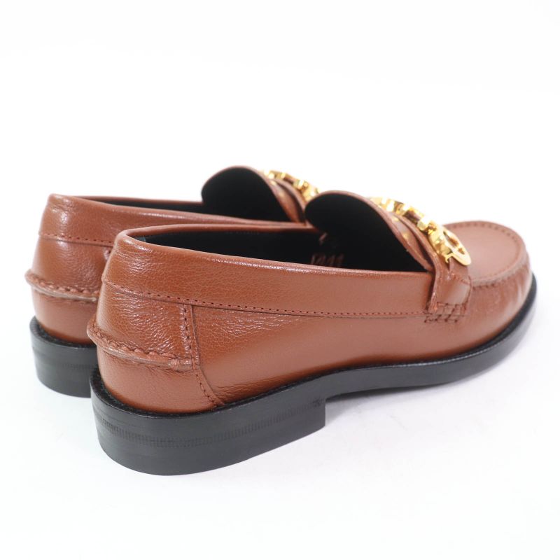 Gucci 700036 Logo Metal Leather Loafer Brown Gold Hardware 35 With Box And