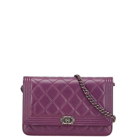 Chanel Boy Chanel Coco Mark Crossbody Chain Wallet Shoulder Bag Purple Lambskin
