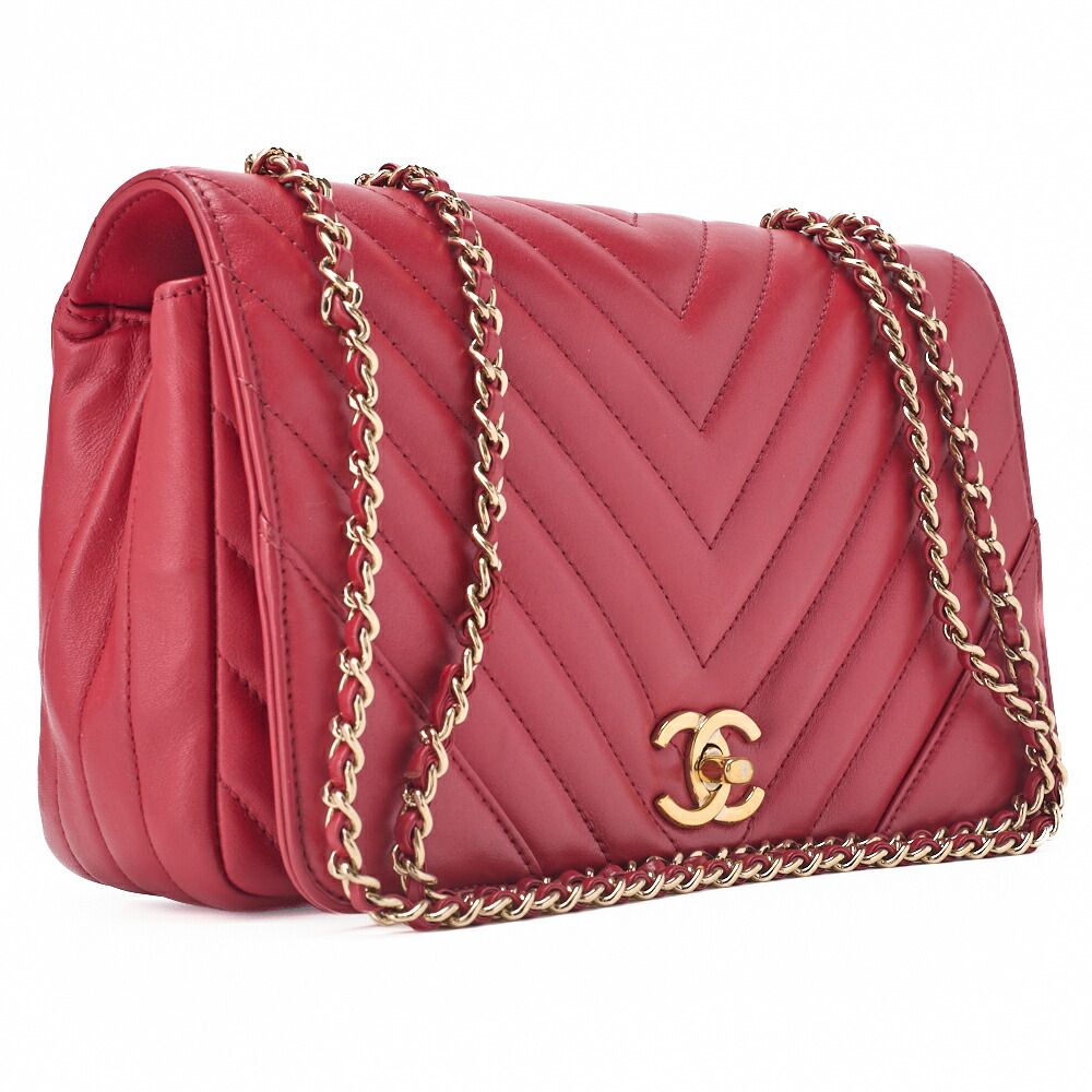 Chanel Shoulder Bag Calfskin V-stitched Red Coco Mark Single Flap With Gold