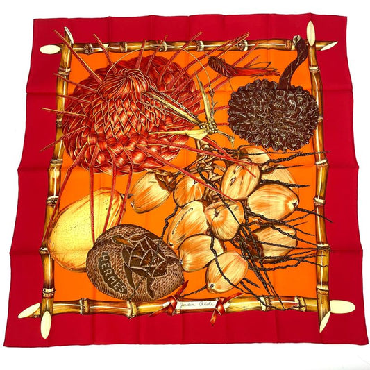 Hermes Carre 90 Jardin Creole Cles Or's Paradise Silk Scarf Red