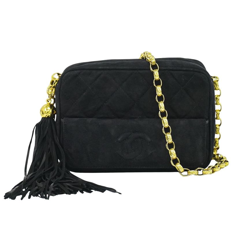 Authentic Chanel Coco Mark Matelasse Tassel Chain Shoulder Bag Pochette Nubuck