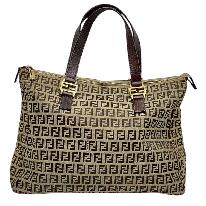Fendi Tote Bag Canvas Zucca Pattern Leather Brown