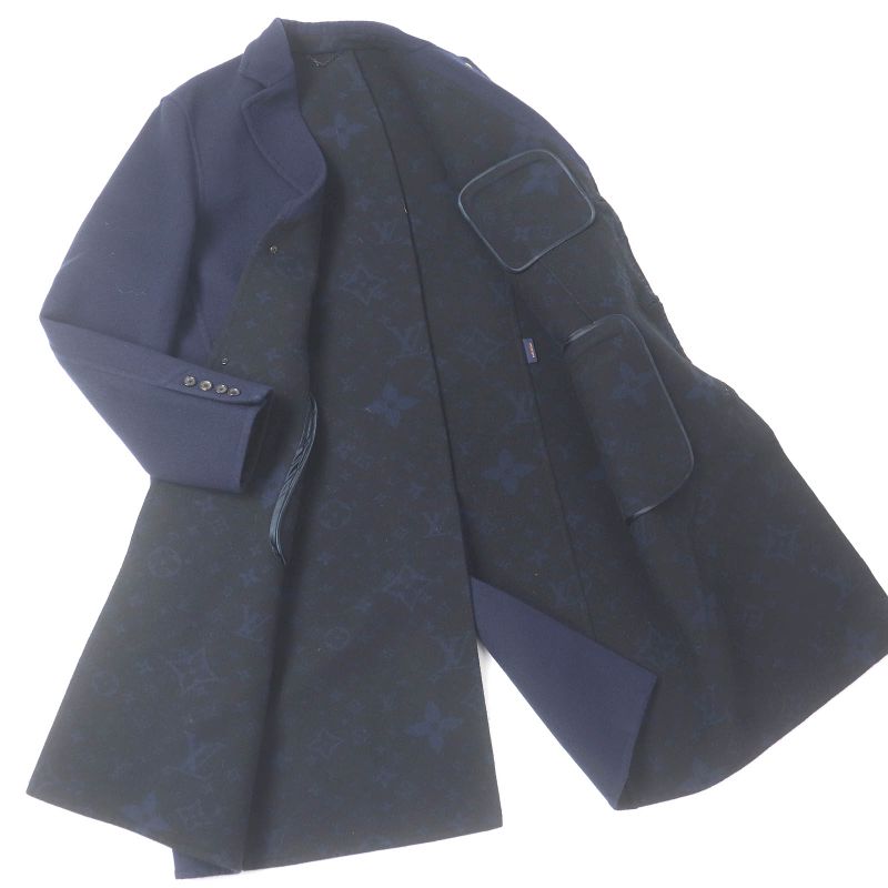 Louis Vuitton 20AW Wool Lined Giant Monogram Double Face Chester Coat Navy 52