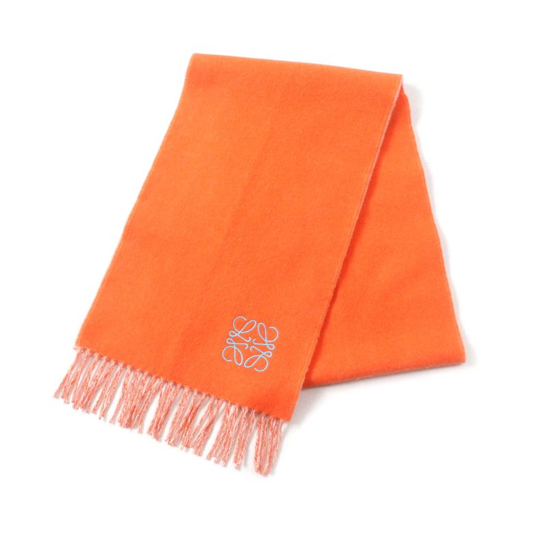 LOEWE Wool Cashmere Blend Anagram Embroidered Fringed Scarf Orange Made In