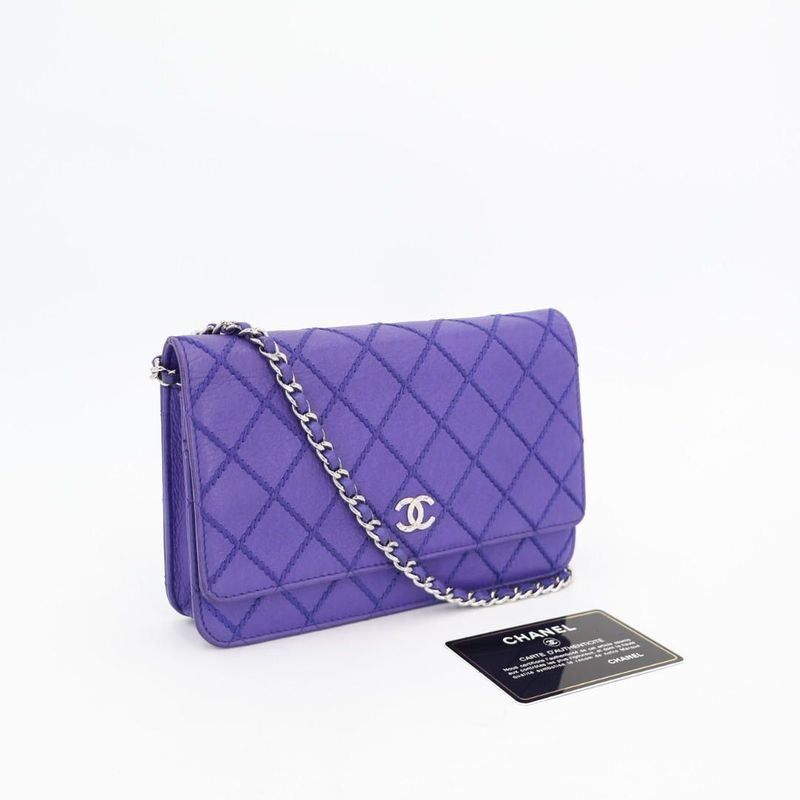 Chanel Chain Wallet Shoulder Bag Women Leather Blue