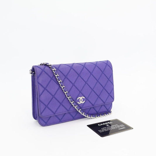 Chanel Chain Wallet Shoulder Bag Women Leather Blue