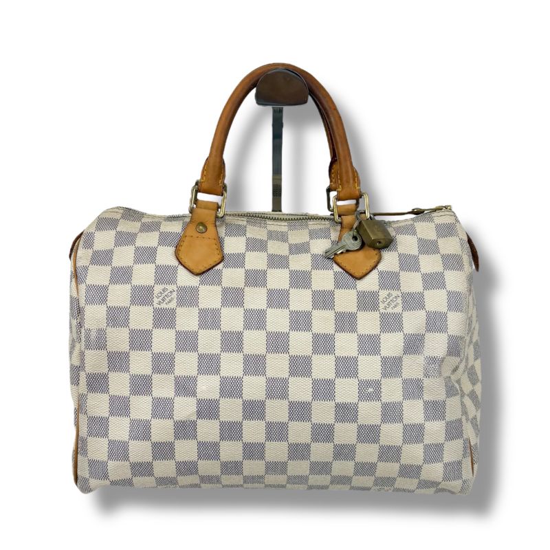 Louis Vuitton Damier Azure Speedy 30 Mini Boston Bag Handbag White Beige