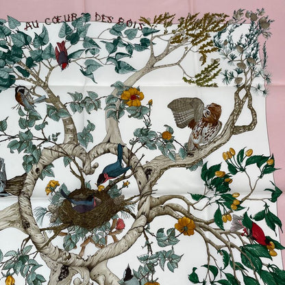 Hermes Carre 90 AU Coeur DES BOIS In The Woods Scarf Silk Pink With Box