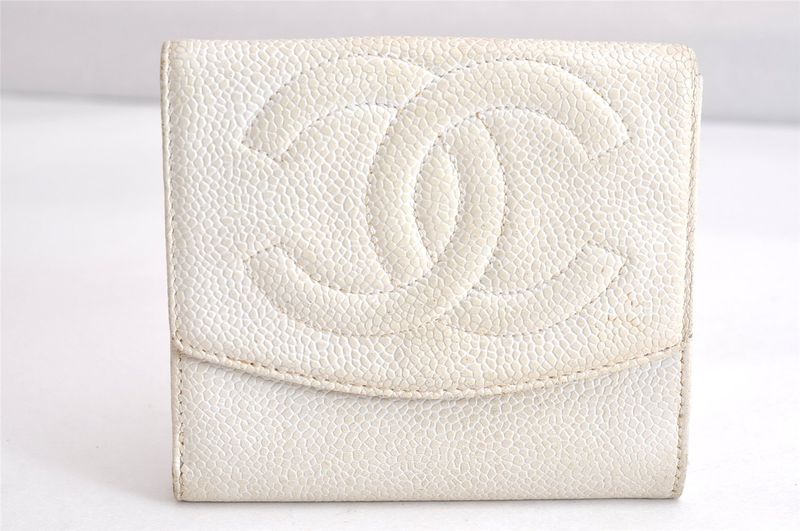 Chanel Calfskin Folding Wallet CC Logo White 2821n