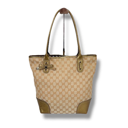Gucci GG Pattern Tote Bag GG Canvas Gold Beige Ribbon Tricolor