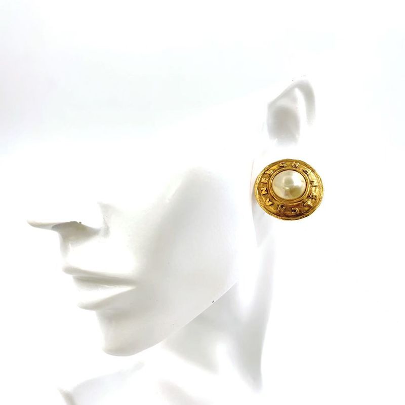 Chanel Old Chanel Logo Faux Pearl GP X Faux Pearl Ivory X Gold Earrings