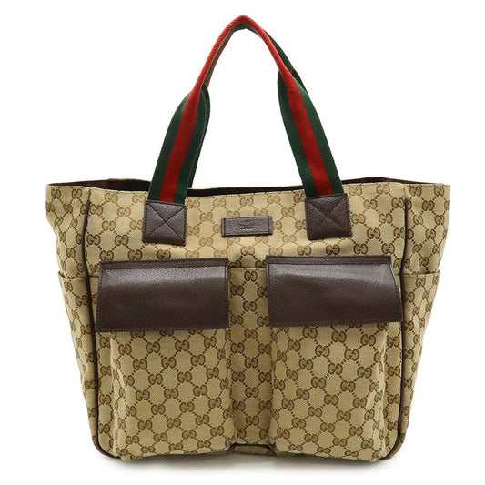 Gucci GG Canvas Sherry Line Tote Bag Large Tote Shoulder Bag Leather Khaki