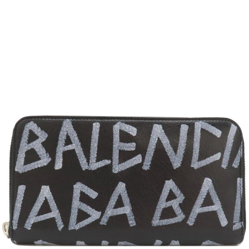 Balenciaga Long Wallet Round Zipper Graffiti Leather Black Silver Hardware