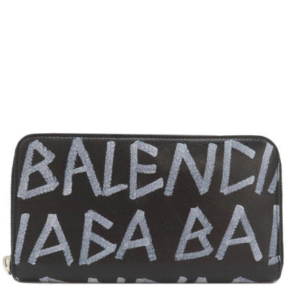 Balenciaga Long Wallet Round Zipper Graffiti Leather Black Silver Hardware