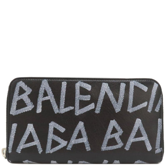 Balenciaga Long Wallet Round Zipper Graffiti Leather Black Silver Hardware
