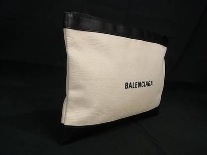 Balenciaga 373834 Navy Clip M Canvas Clutch Bag Second Bag Beige