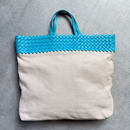 Bottega Veneta Intrecciato Leather Tote Handbag Bicolor Light Blue Ivory A4