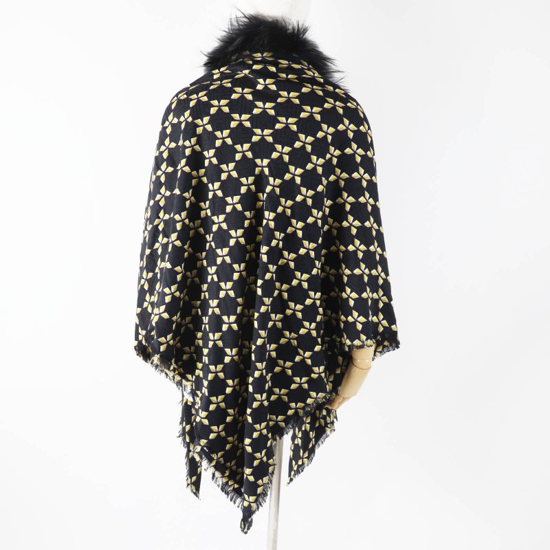 Fendi Fxt069 Silk Blend Raccoon Fur Zucca Pattern Scarf Black Yellow Beige