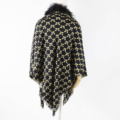 Fendi Fxt069 Silk Blend Raccoon Fur Zucca Pattern Scarf Black Yellow Beige