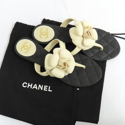 Chanel Camellia Beach Sandals Flat Heel 35 Black White Rubber Thong