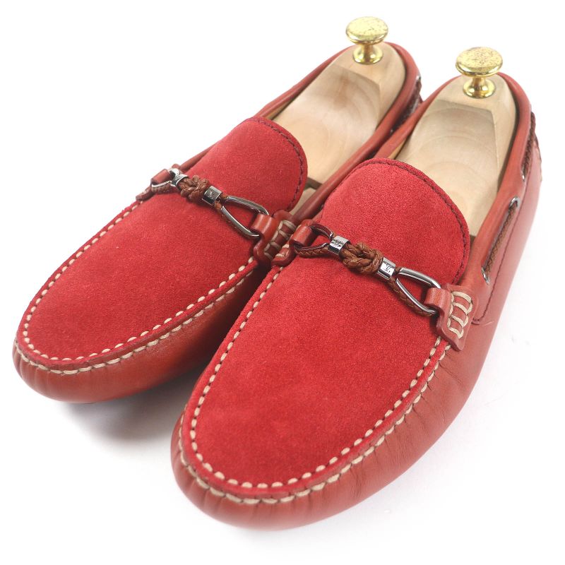Louis Vuitton LV Logo Hardware Suede Leather Loafers Driving Shoes Red 6.5 Made