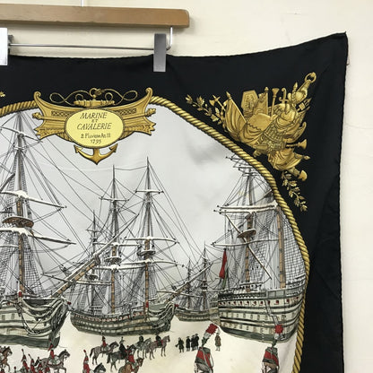 Hermes Carre 90 Marine Et Cavalerie Sea and Cavalry Large Scarf Black Multi All-over Print Silk