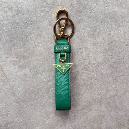 Prada Triangle Logo Plate Key Ring Key Holder Saffiano Leather 1pp142 Green