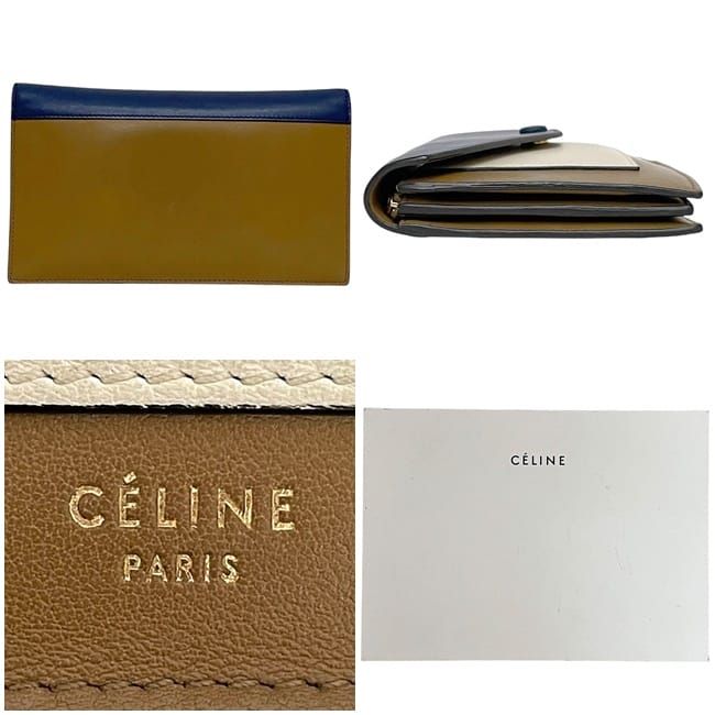 Celine Bifold Long Wallet Brown Navy White Wallet Excellent Condition Leather