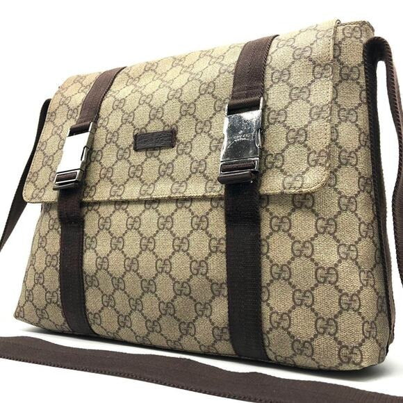 Authentic Gucci GG Supreme Web Canvas Sherry Messenger Bag Monogram Flap Tote
